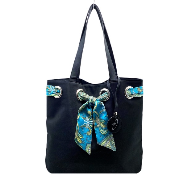 ION Handbags - Black Nylon Tote Bag w/ Teal Paisley Scarf Accent